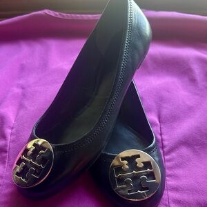 Tory Burch Black Flats with Gold Emblem
